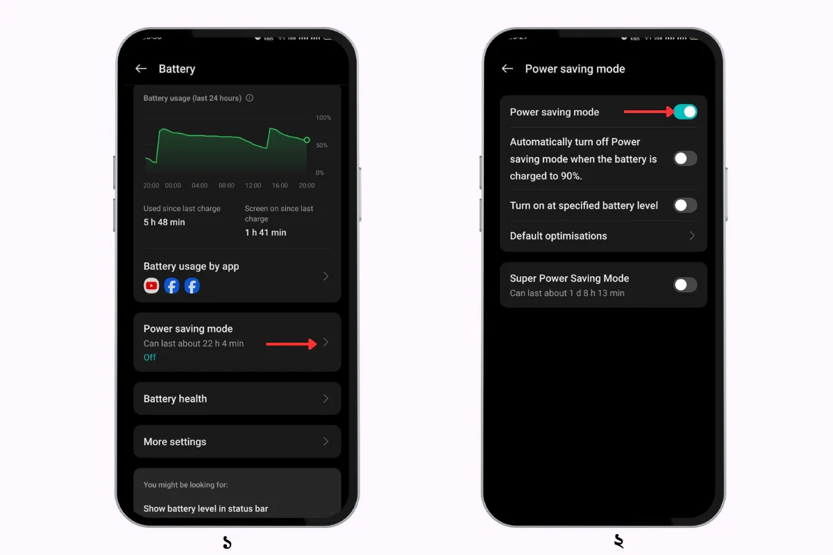 turn on power saving mode to save battery life